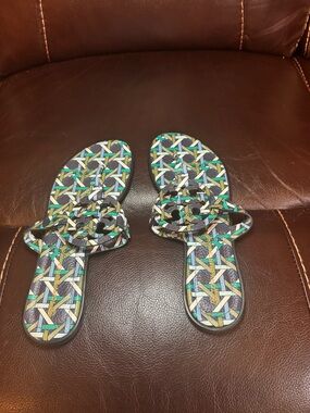 Tory Burch Multicolor Geometric Logo Slide Sandals - Blue & Green